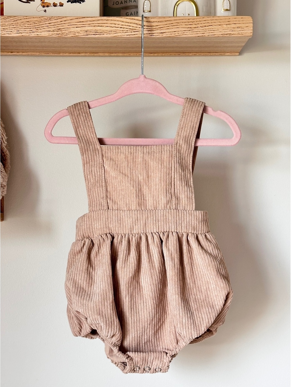 Bailey’s Blossoms Khaki Cord Bubble Romper Sz 6-9m